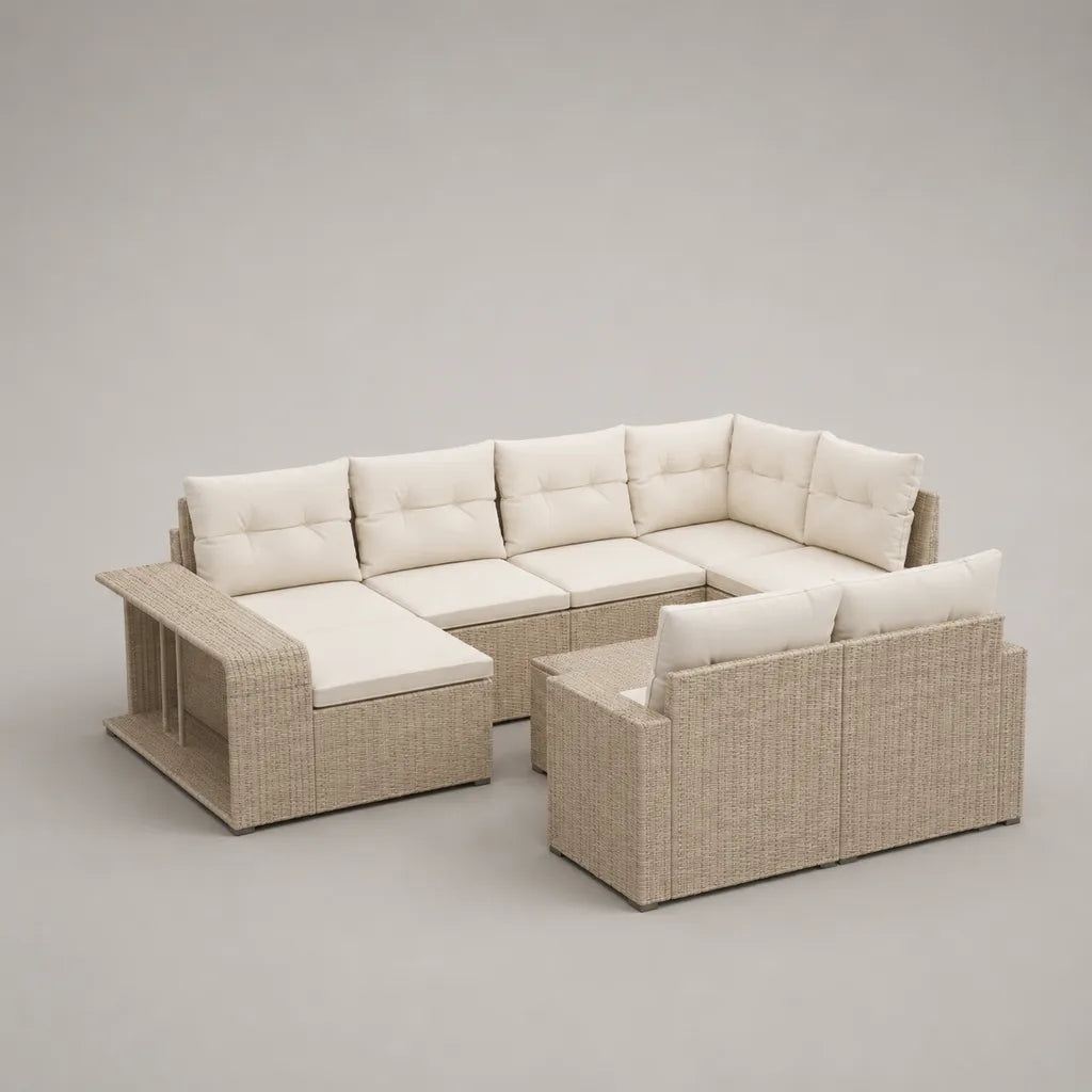 Divano da giardino modulabile in U 7 pezzi in resina intrecciata beige con cuscini bianchi rotti, 325 × 215 × 75 cm