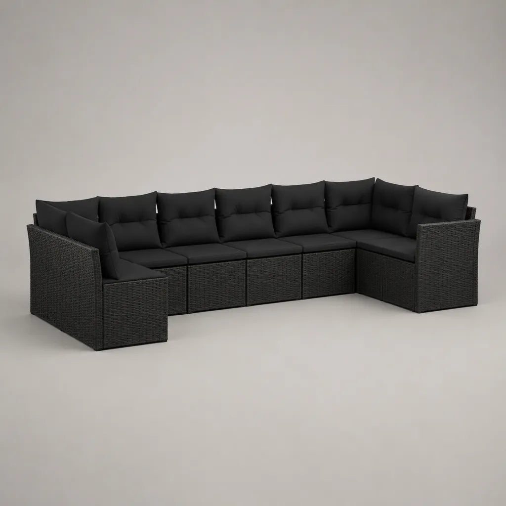 Divano da giardino modulare da 8 posti in resina intrecciata e acciaio nero, a forma di U, 325 × 220 × 73 cm