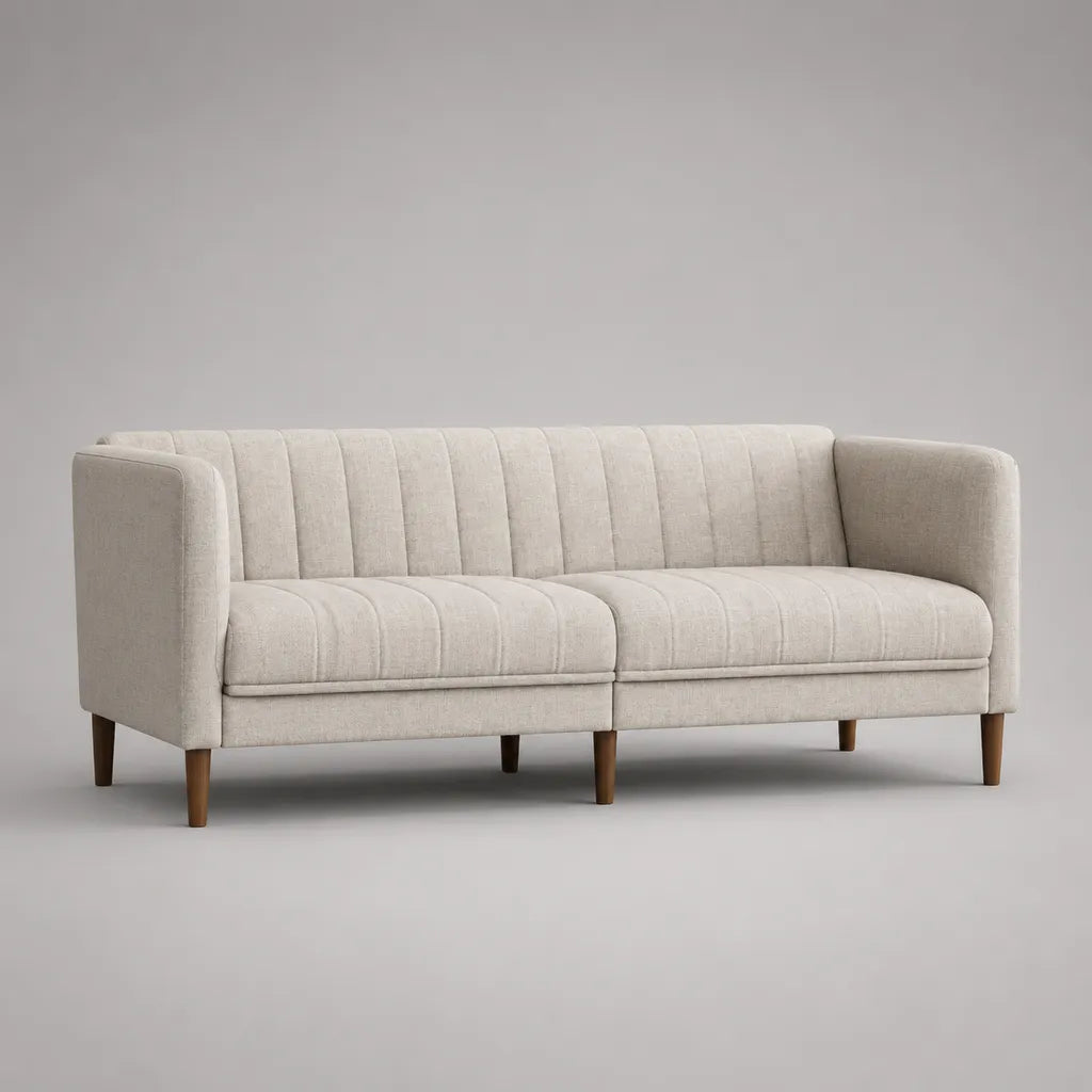 Divano dritto 3 posti in tessuto crema con piedi in legno, 210 × 82 × 84 cm