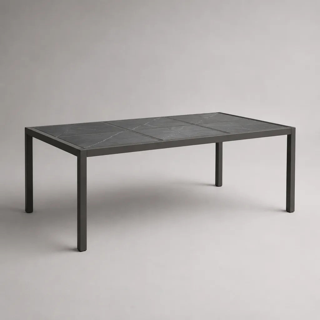 Tavolo da giardino rettangolare in ceramica e alluminio, antracite e nero, 180 × 90 × 75 cm