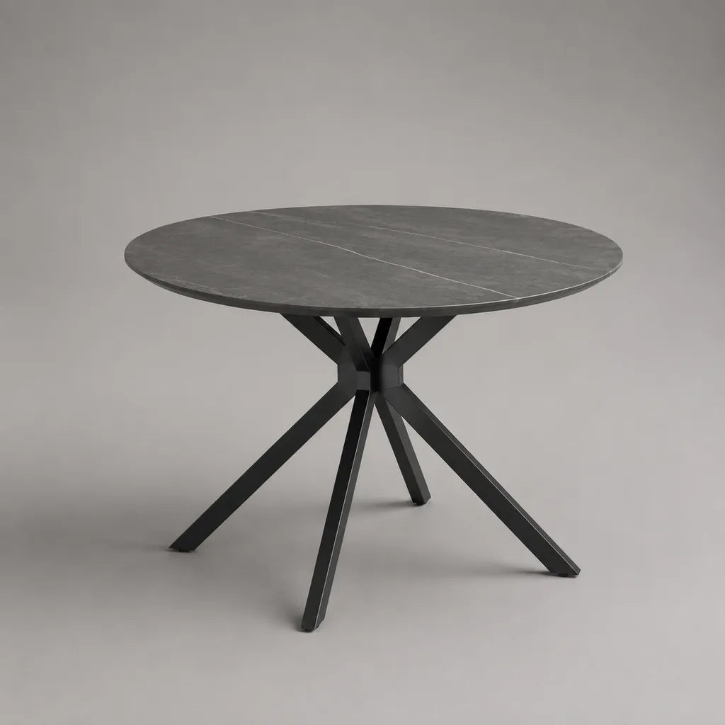 Tavolo da pranzo rotondo da 4 a 6 persone in pietra sinterizzata antracite grigio e acciaio nero, Ø 120 × H 75 cm