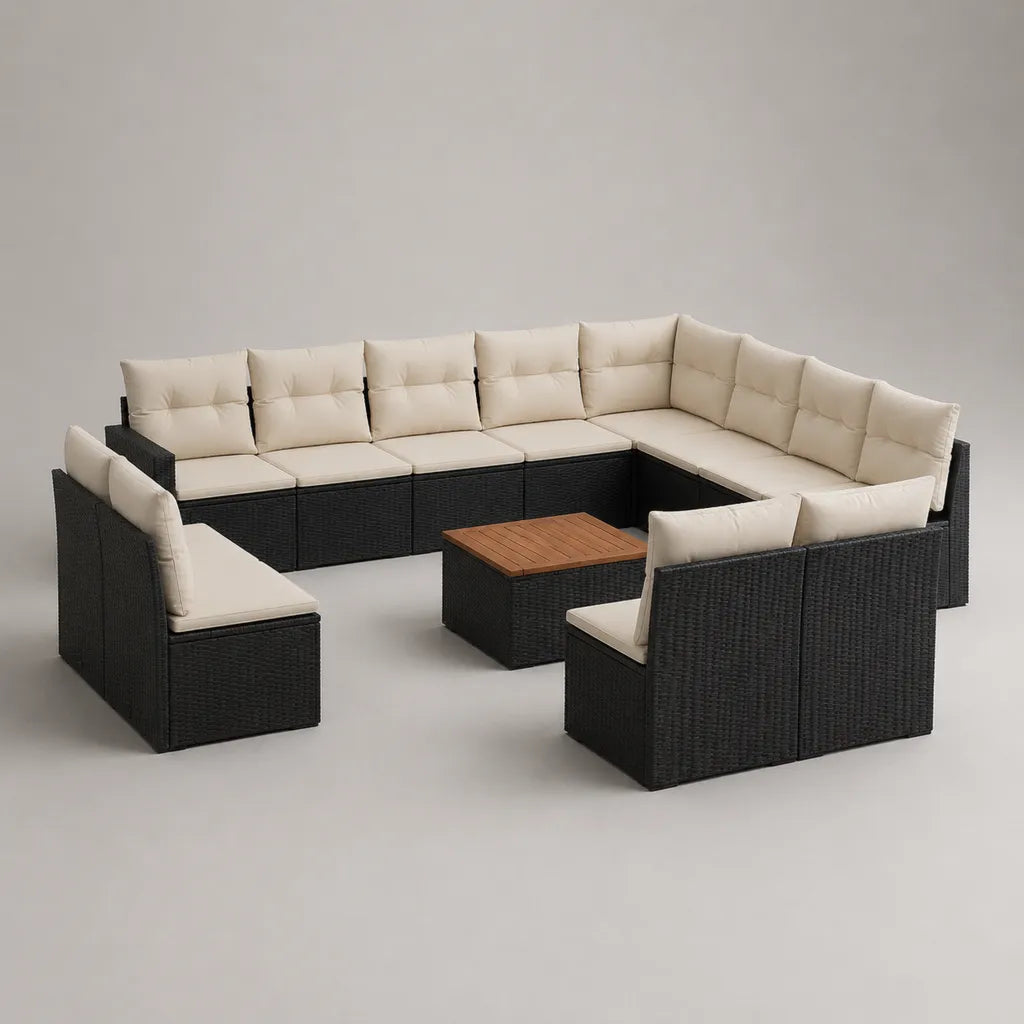 Giardino esterno salone 11 camere 10 posti in resina nera intrecciata con cuscini crema e tavolo in legno marrone, 300 × 230 × 70 cm