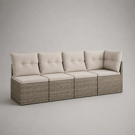 Divano da giardino modulare da 4 posti in resina intrecciata taupe con cuscini beige, 232 × 66 × 74 cm