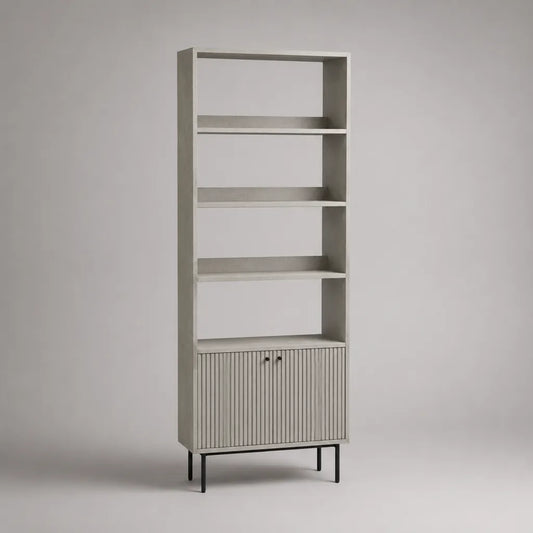 Biblioteca in piedi con 4 ripiani con armadio a 2 porte in MDF effetto cemento grigio e metallo nero, 70 × 35 × 190 cm
