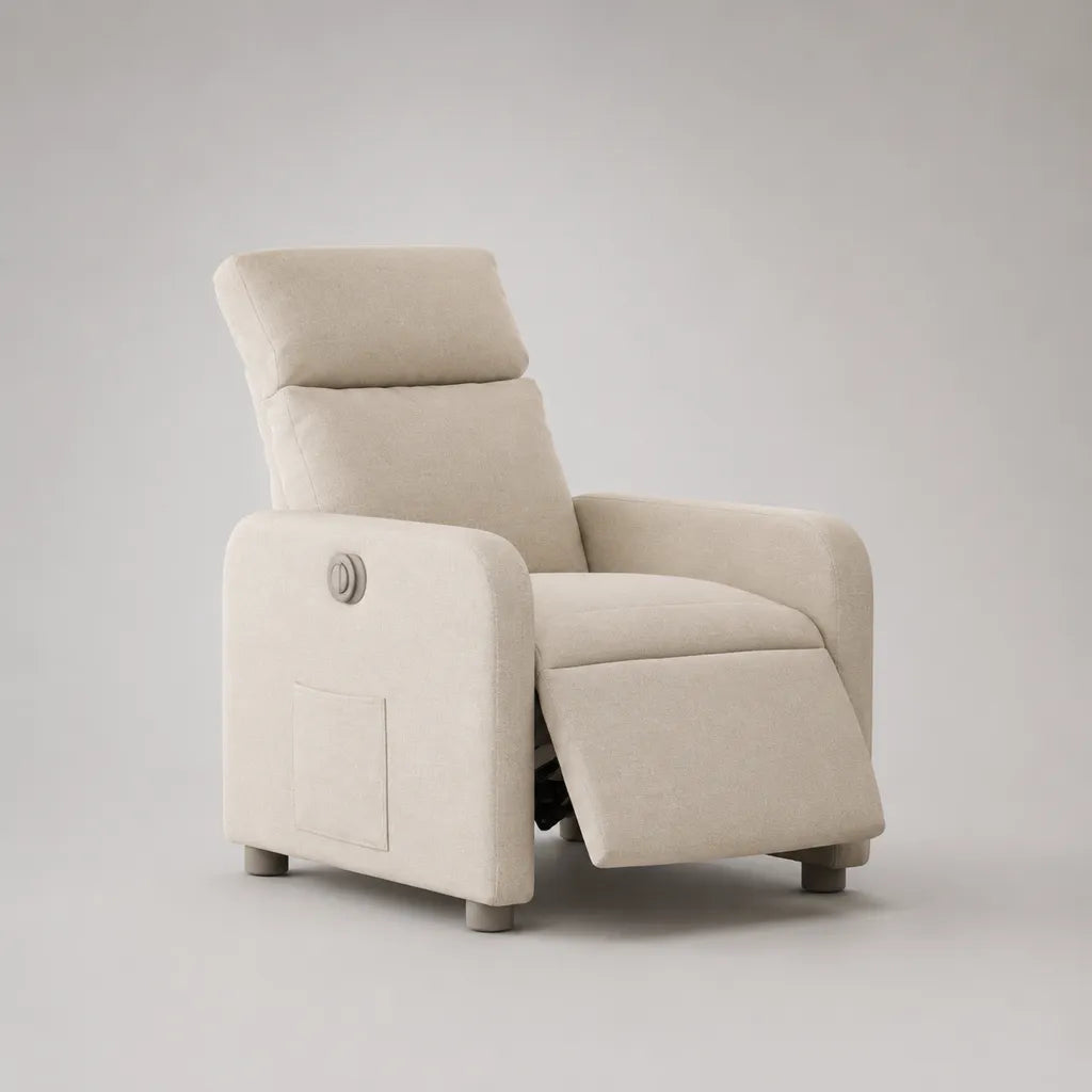 Sedia rilassante manuale in tessuto cinille beige con schienale inclinabile e poggiapiedi, 72 × 88 × 95 cm