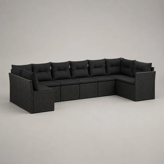 Divano da giardino modulare da 8 posti in resina intrecciata e acciaio nero, a forma di U, 325 × 220 × 73 cm