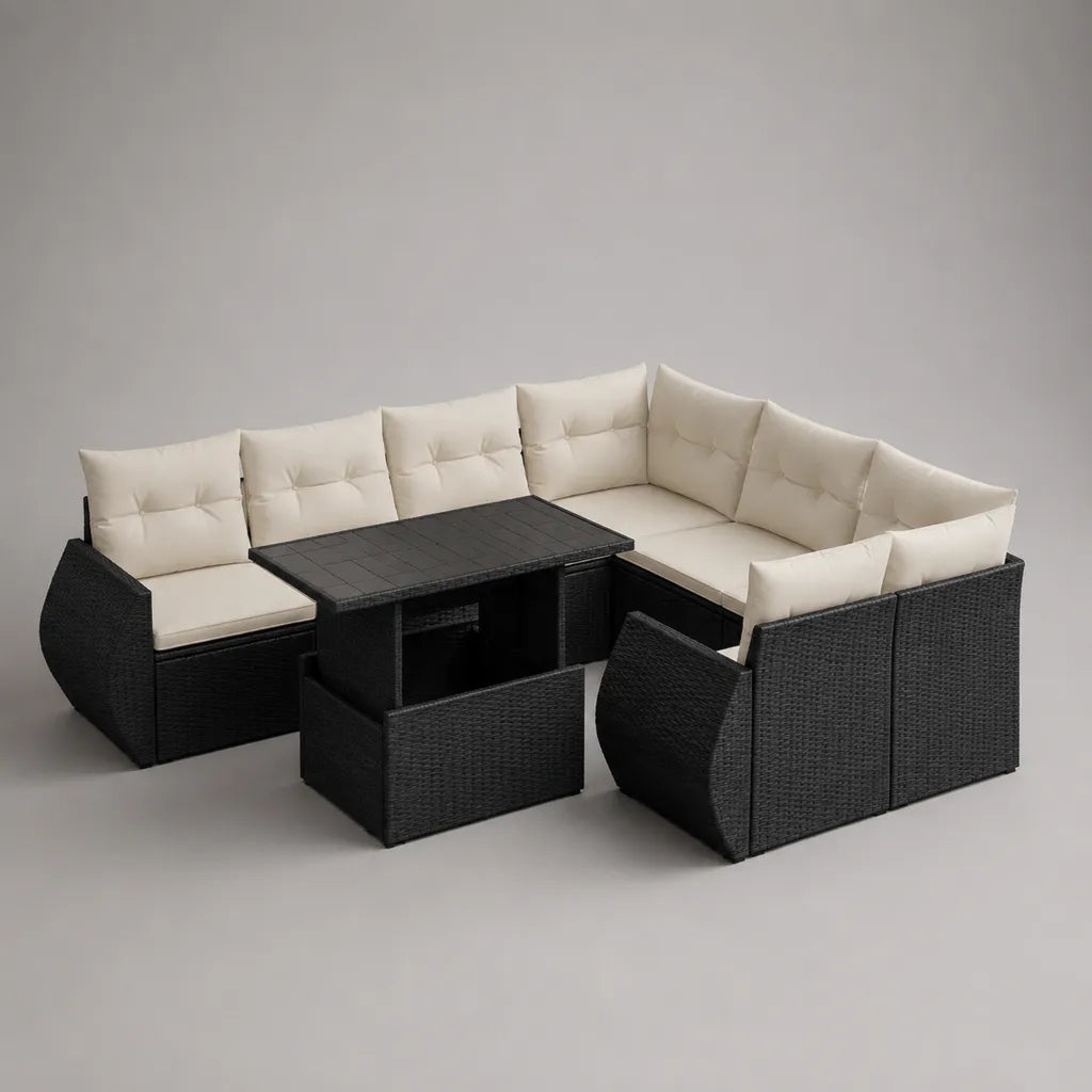 Lounge da giardino angolo 7 pezzi in resina nera intrecciata con cuscini crema e tavolo rettangolare, 246 × 180 × 74 cm
