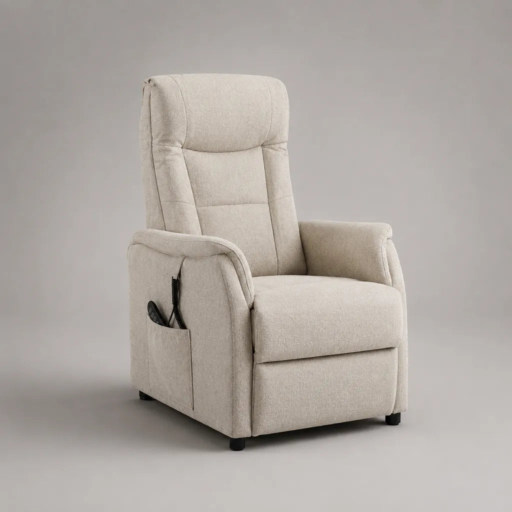 Poltrona in tessuto beige con schienale alto, 75 × 90 × 105 cm