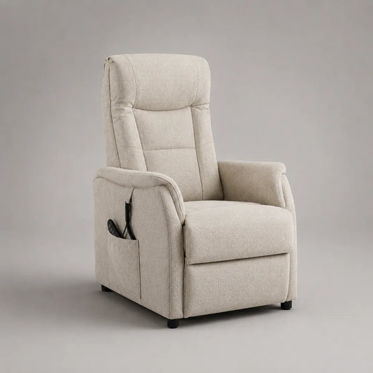 Poltrona in tessuto beige con schienale alto, 75 × 90 × 105 cm