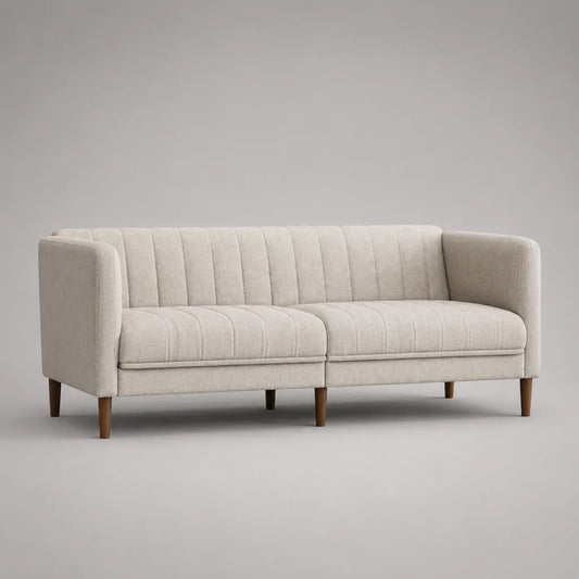 Divano dritto 3 posti in tessuto crema con piedi in legno, 210 × 82 × 84 cm