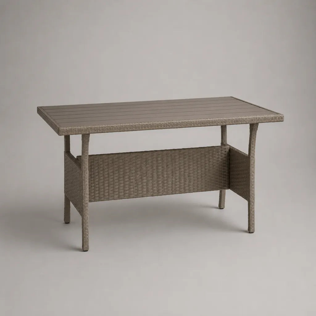 Tavolo da giardino taupe rettangolare 120 × 55 × 110 cm in resina intrecciata in PE e acciaio con vassoio latte WPC