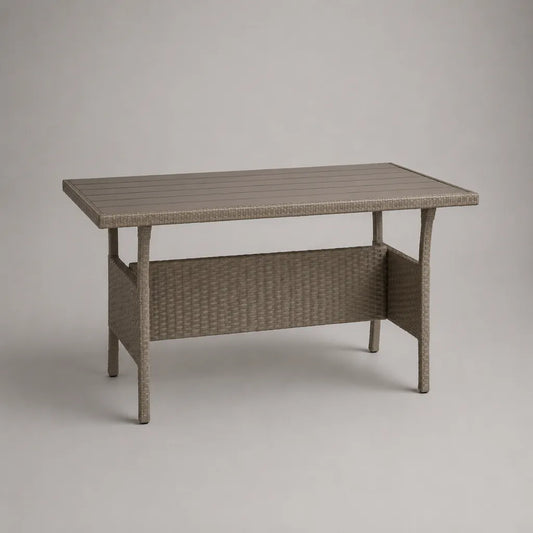 Tavolo da giardino taupe rettangolare 120 × 55 × 110 cm in resina intrecciata in PE e acciaio con vassoio latte WPC