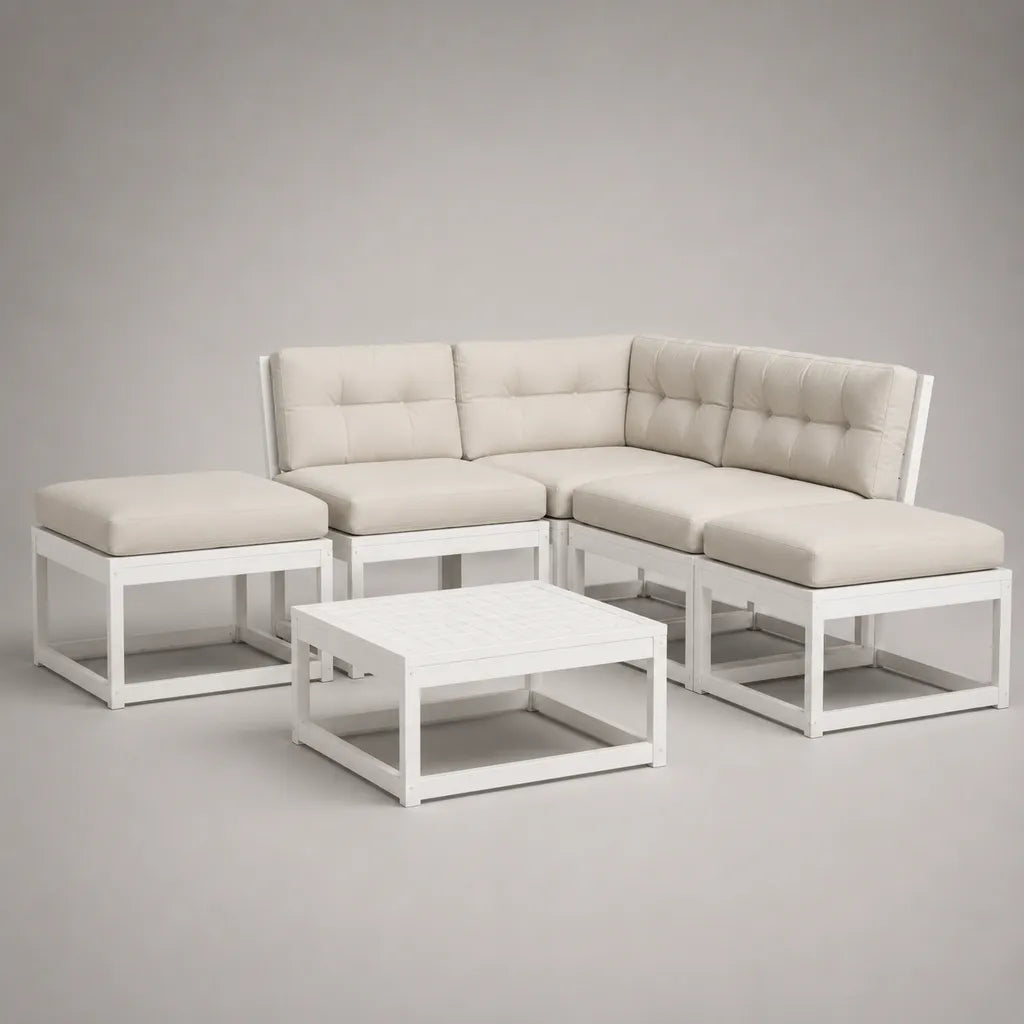 Soggiorno esterno modulare da 5 pezzi in alluminio bianco e tessuto beige, 210 × 140 × 72 cm