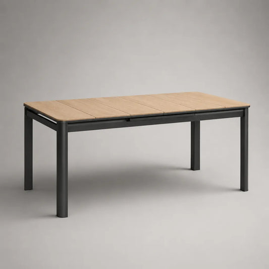 Tavolo da giardino rettangolare in alluminio e legno-plastico composito, antracite e naturale, 160-240 × 90 × 75 cm