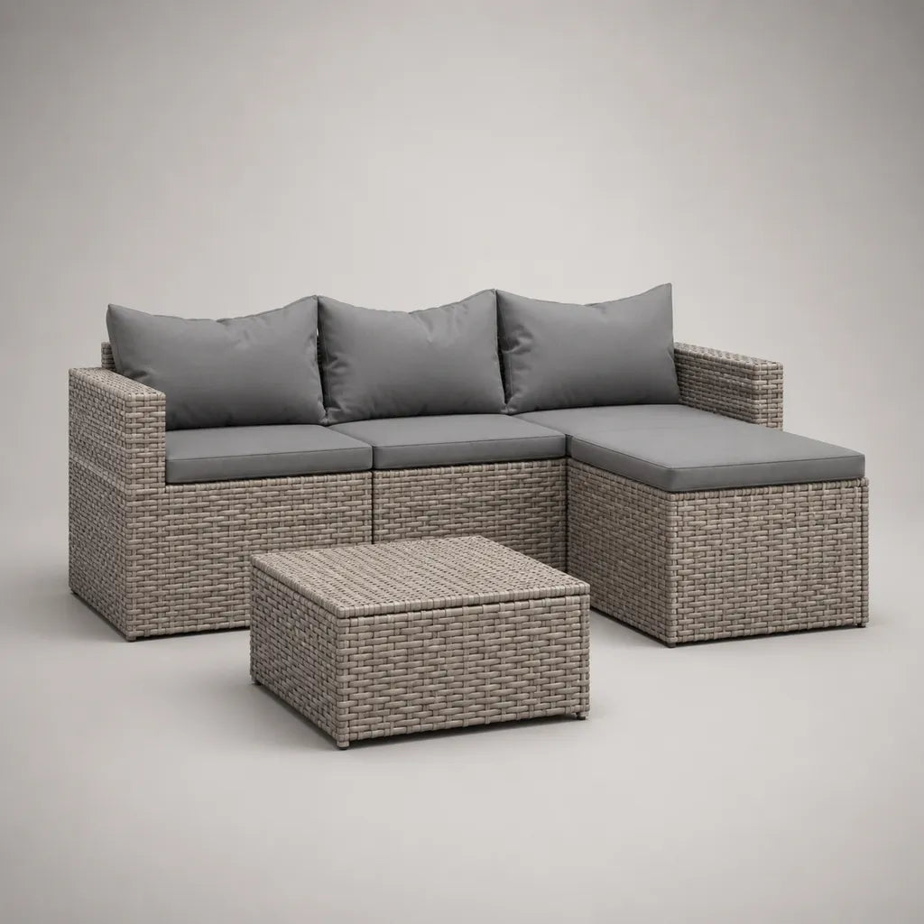 Giardino esterno 3 camere con divano angolo 3 posti e tavolino in resina intrecciata taupe e tessuto grigio, 193 × 127 × 74 cm