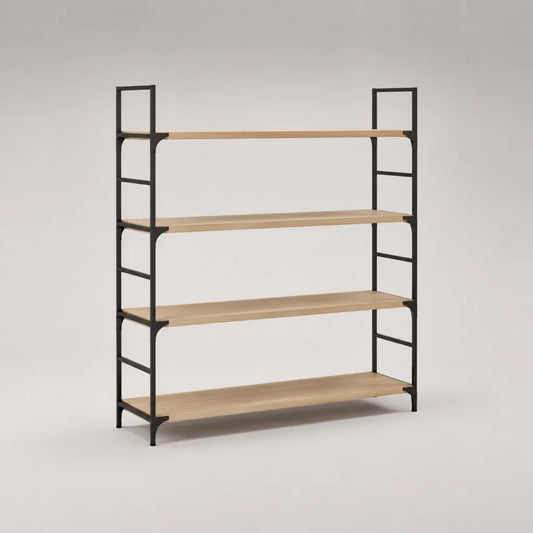 Ripiano rettangolare in piedi con 4 livelli di acciaio e legno, rovere nero e leggero, 120 × 35 × 145 cm