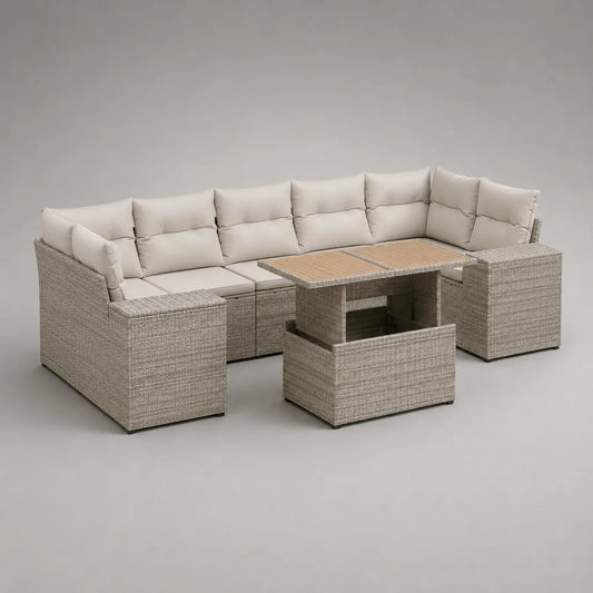 Soggiorno da giardino 3 locali in resina intrecciata grigia beige, divano angolo 8 posti, tavolo e panca, 264 × 198 × 74 cm