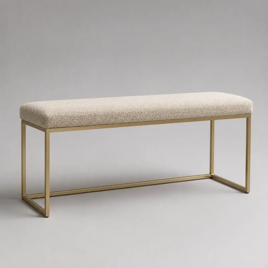 Panca imbottita rettangolare in tessuto curvo e acciaio dorato, avorio, 120 × 40 × 48 cm