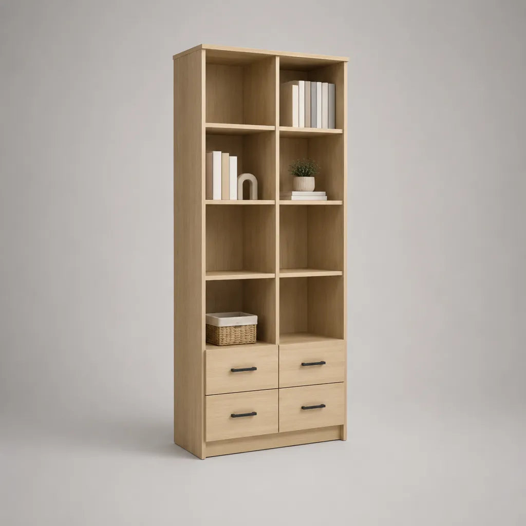 Biblioteca in legno in piedi, 8 nicchie e 4 cassetti, rovere chiaro e nero, 80 × 30 × 180 cm