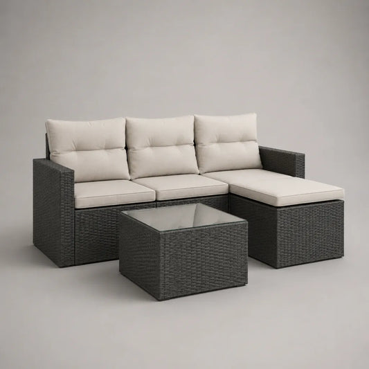 Divano da giardino angolo 3 posti in resina intrecciata antracite con meridiano dritto, cuscini beige e tavolino, 190 × 130 × 70 cm
