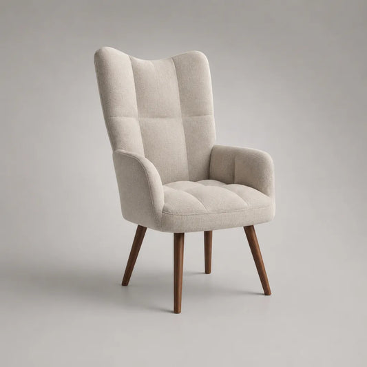 Poltrona in tessuto riccio beige con piedi in legno, 74 × 79 × 106 cm