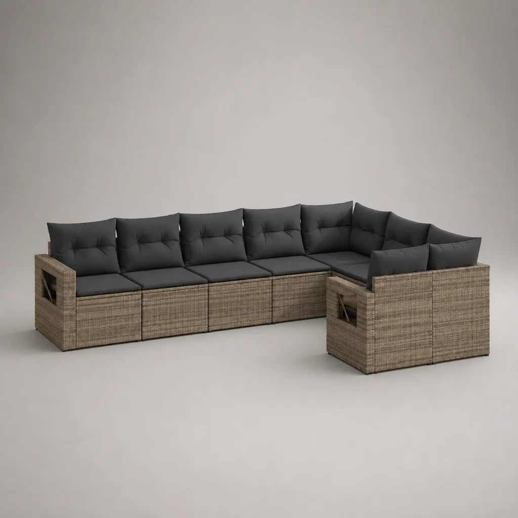 Divano da giardino modulare a 7 posti in resina intrecciata beige con cuscini antracite, 315 × 215 × 72 cm