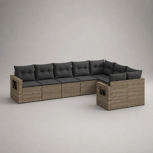 Divano da giardino modulare a 7 posti in resina intrecciata beige con cuscini antracite, 315 × 215 × 72 cm