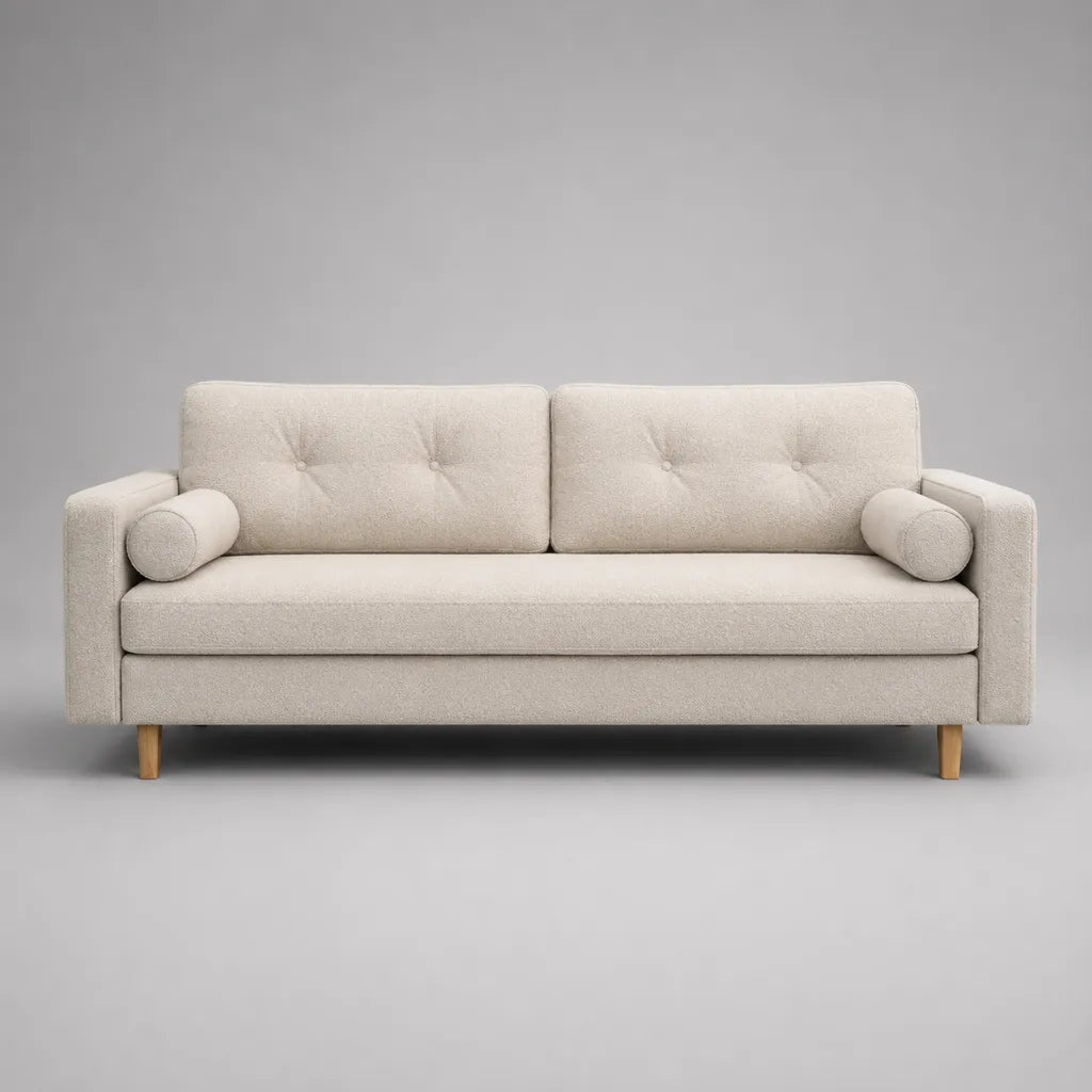 Divano rettangolare a 3 posti in tessuto ecru con piedi in legno, 200 × 82 × 85 cm