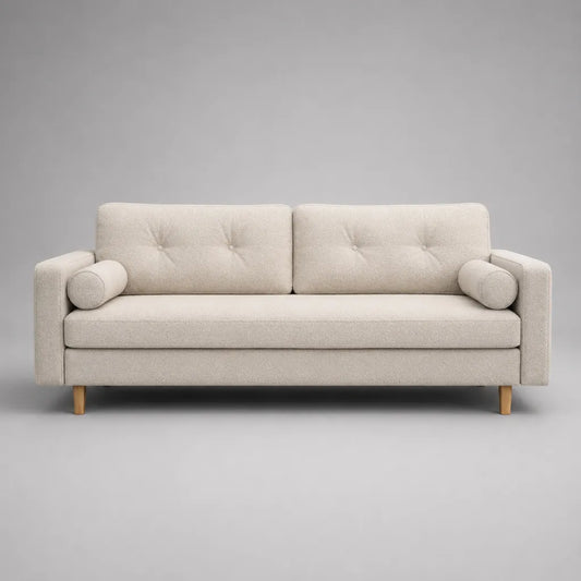 Divano rettangolare a 3 posti in tessuto ecru con piedi in legno, 200 × 82 × 85 cm