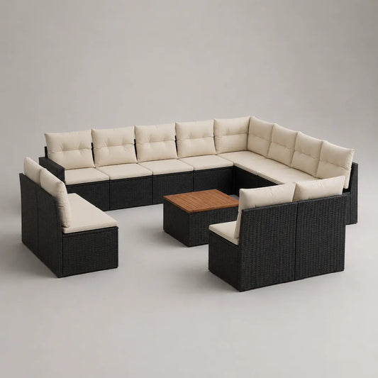 Giardino esterno salone 11 camere 10 posti in resina nera intrecciata con cuscini crema e tavolo in legno marrone, 300 × 230 × 70 cm