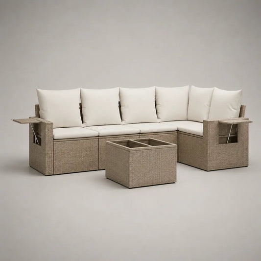 Lounge esterno da giardino 5 posti a sedere con tavolino in resina intrecciata beige taupe e cuscini, 230 × 170 × 85 cm